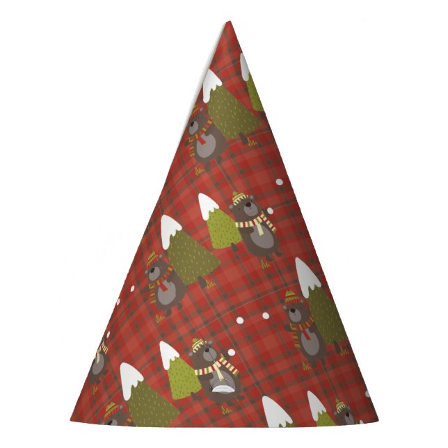 Winter Bear White Christmas Red Buffalo Plaid  Party Hat (Left)