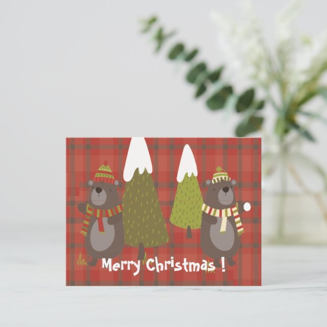 Winter Bear White Christmas Red Buffalo Plaid Postcard (Standing Front)