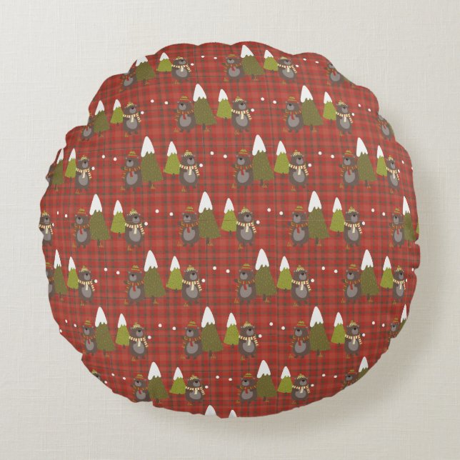 Winter Bear White Christmas Red Buffalo Plaid  Round Pillow (Front)
