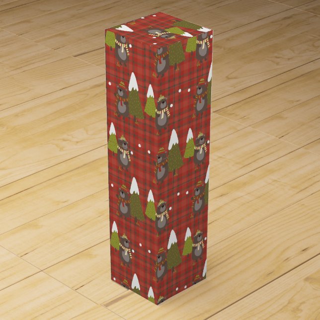 Winter Bear White Christmas Red Buffalo Plaid  Wine Box (Front)