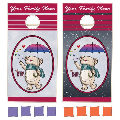 Winter Bear With Umbrella In Bisexual Flag Colors Cornhole Set