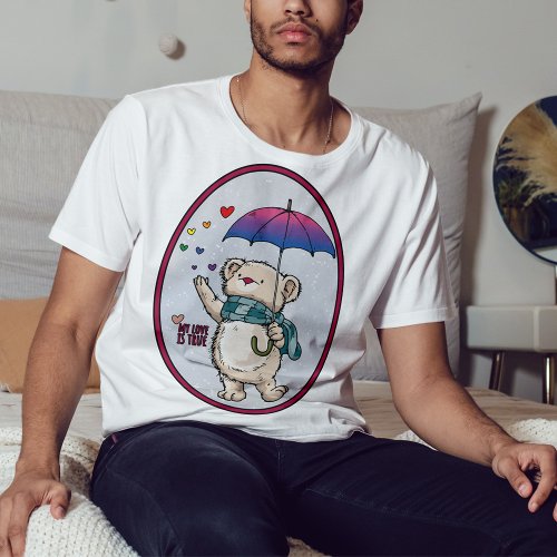 Winter Bear With Umbrella In Bisexual Flag Colors T_Shirt