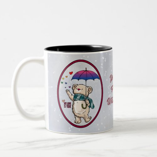 Winter Bear With Umbrella In Bisexual Flag Colors Two_Tone Coffee Mug