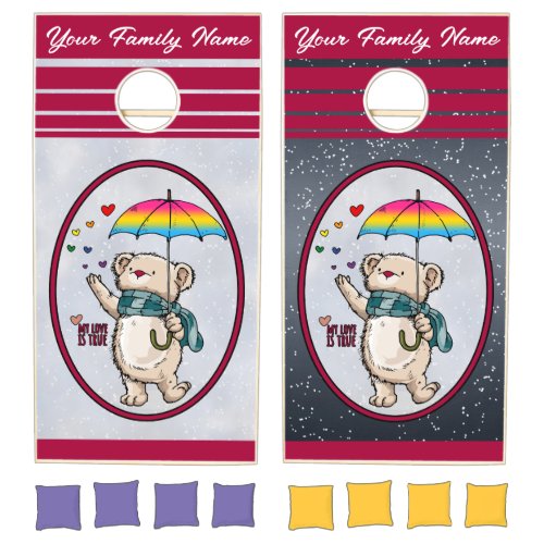 Winter Bear With Umbrella In Pansexual Flag Colors Cornhole Set