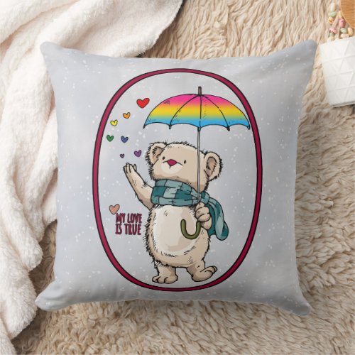 Winter Bear With Umbrella In Pansexual Flag Colors Throw Pillow