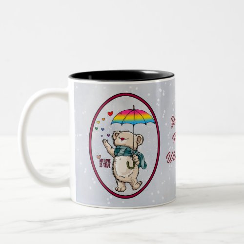 Winter Bear With Umbrella In Pansexual Flag Colors Two_Tone Coffee Mug