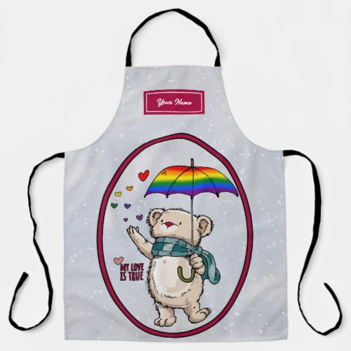 Winter Bear With Umbrella In Rainbow Flag Colors Apron