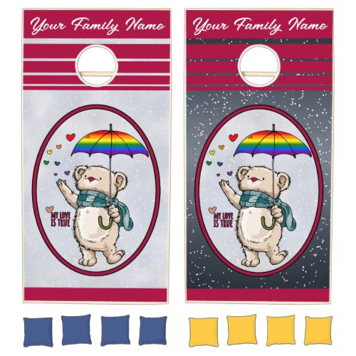 Winter Bear With Umbrella In Rainbow Flag Colors Cornhole Set