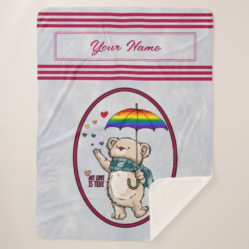 Winter Bear With Umbrella In Rainbow Flag Colors Sherpa Blanket