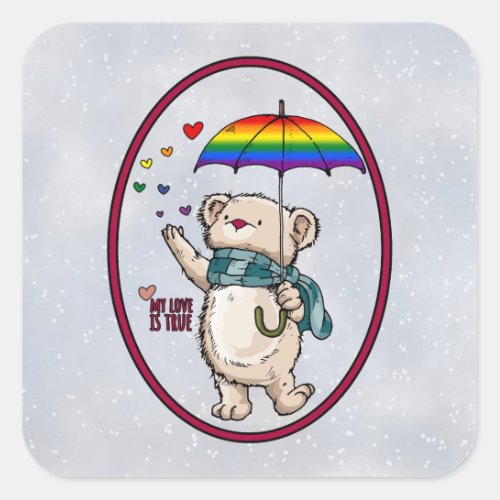 Winter Bear With Umbrella In Rainbow Flag Colors Square Sticker