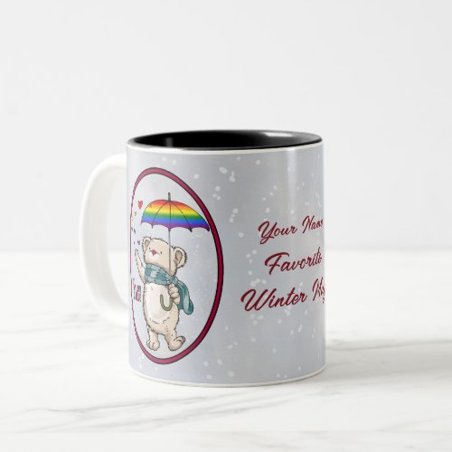 Winter Bear With Umbrella In Rainbow Flag Colors Two_Tone Coffee Mug