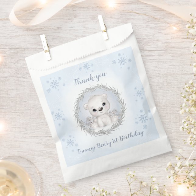 Winter Beary 1st Birthday Blue Cute Bear Favor Bag (Clipped)