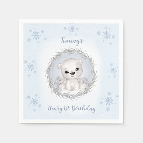 Winter Beary 1st Birthday Cute Blue Polar Bear Napkins