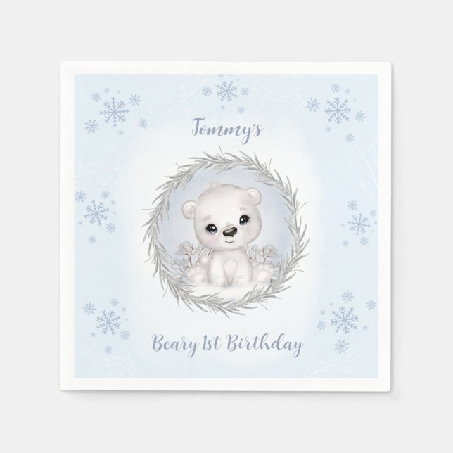 Winter Beary 1st Birthday Cute Blue Polar Bear Napkins (Front)