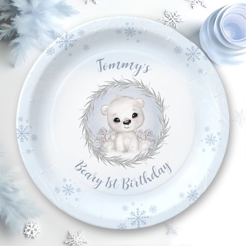 Winter Beary 1st Birthday Cute Blue Polar Bear Paper Plates