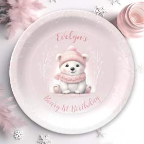 Winter Beary 1st Birthday Cute Pink Polar Bear Paper Plates