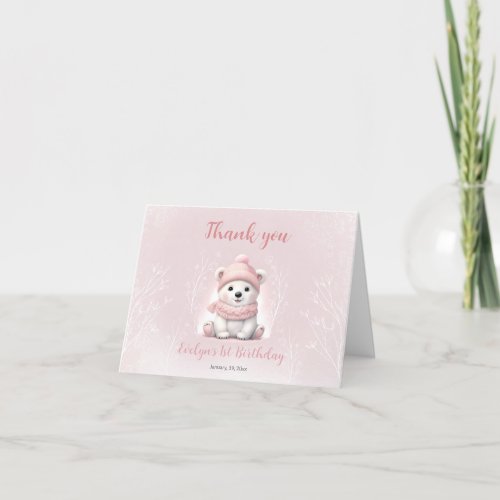 Winter Beary 1st Birthday Cute Pink Polar Bear Thank You Card