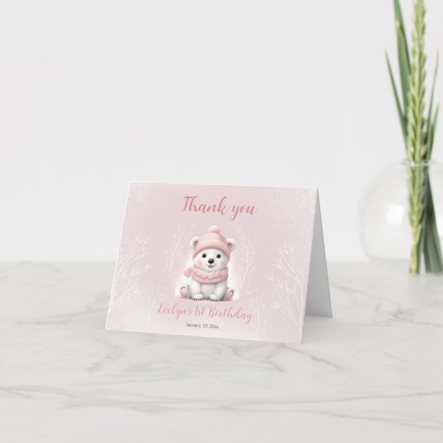 Winter Beary 1st Birthday Cute Pink Polar Bear Thank You Card (Front)