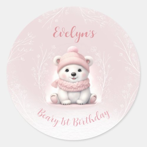 Winter Beary 1st Birthday Pink Polar Bear Classic Round Sticker