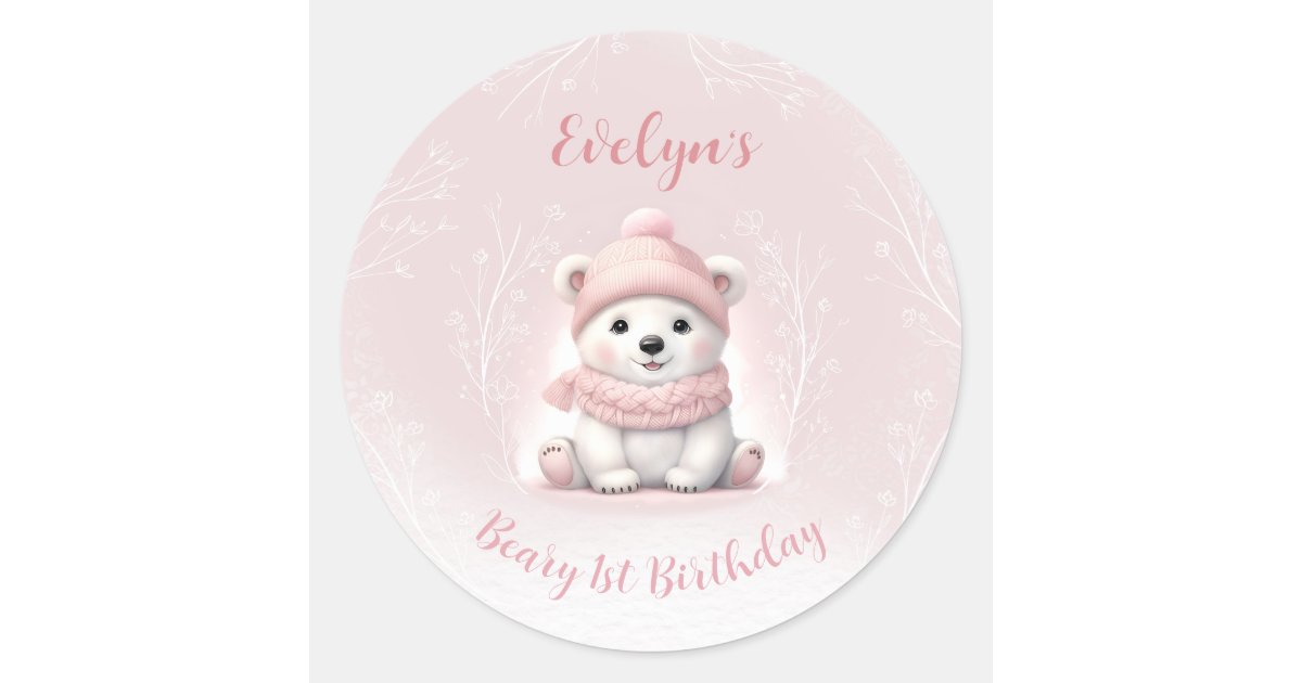 Winter Beary 1st Birthday Pink Polar Bear Classic Round Sticker | Zazzle