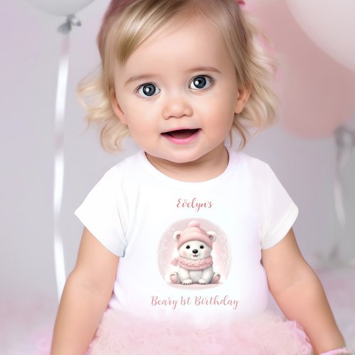 Winter Beary 1st Birthday Pink Polar Bear Girl Baby T_Shirt