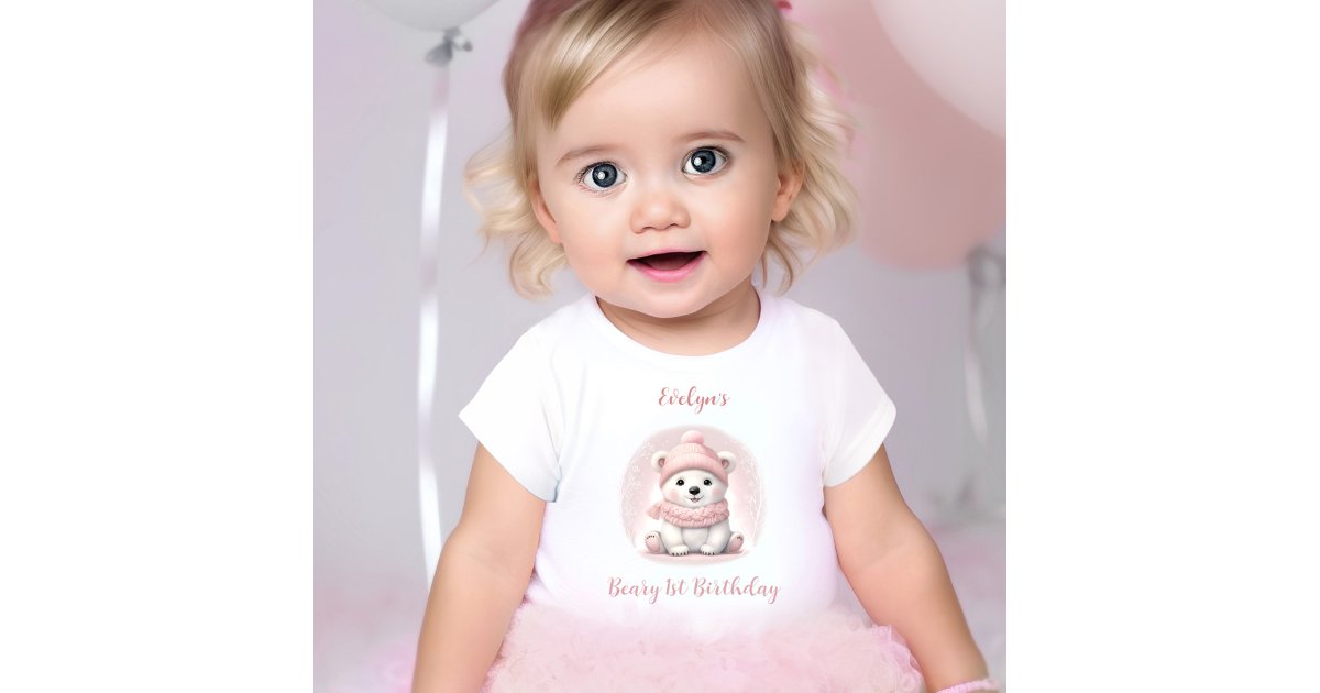 Winter Beary 1st Birthday Pink Polar Bear Girl Baby T-Shirt | Zazzle