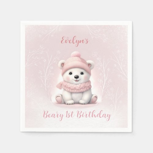 Winter Beary 1st Birthday Pink Polar Bear Napkins
