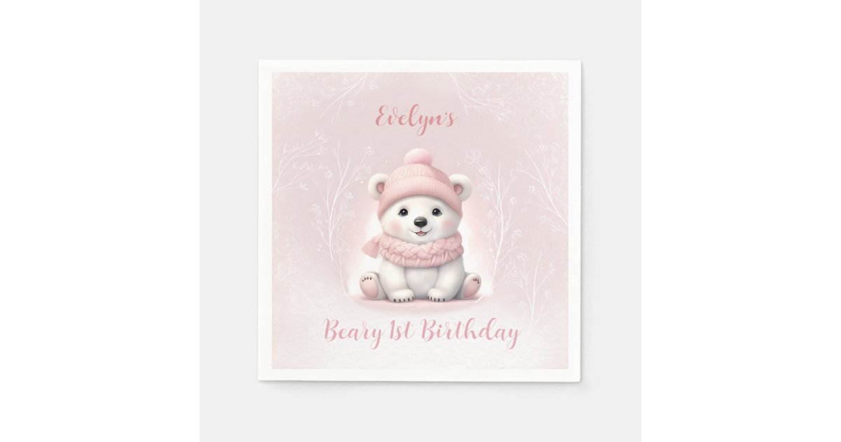 Winter Beary 1st Birthday Pink Polar Bear Napkins | Zazzle