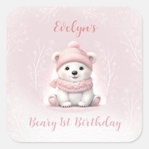 Winter Beary 1st Birthday Pink Polar Bear Square Sticker