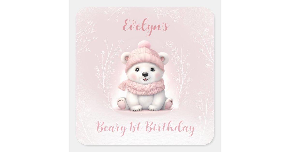 Winter Beary 1st Birthday Pink Polar Bear Square Sticker | Zazzle