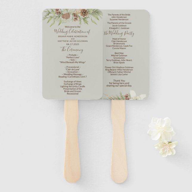 Winter Beige Elegant Script Wedding Program Hand Fan (Front and Back)