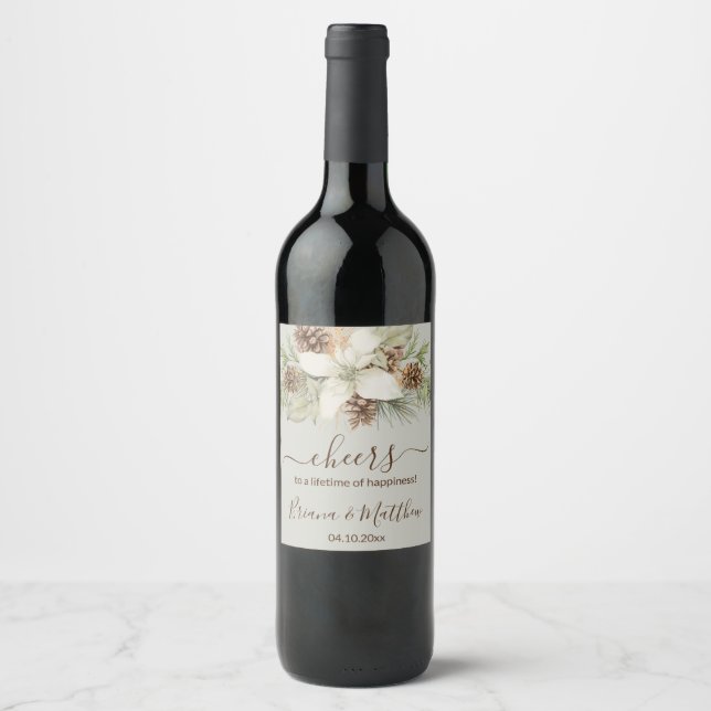 Winter Beige Elegant Script Wedding Wine Label (Front)