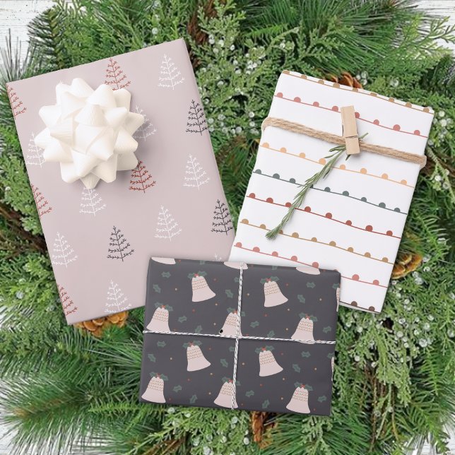 Winter Bells Trees Modern Pastel Christmas Wrapping Paper Sheets (Creator Uploaded)