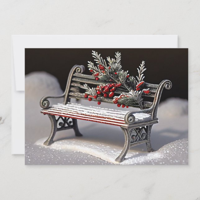 Winter Bench with Red Berry Accents Holiday Card (Front)