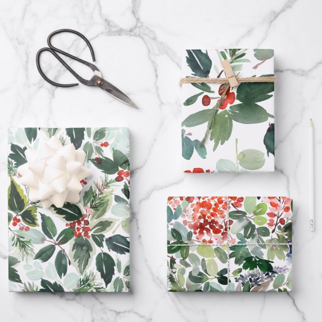 Winter Berries and Greenery Christmas  Wrapping Paper Sheets (Front)