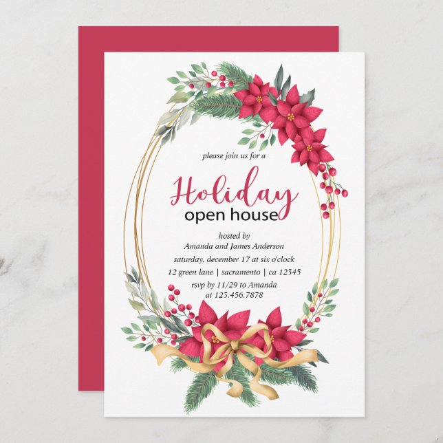 Winter Berries And Greenery Holiday Open House Invitation (Front/Back)