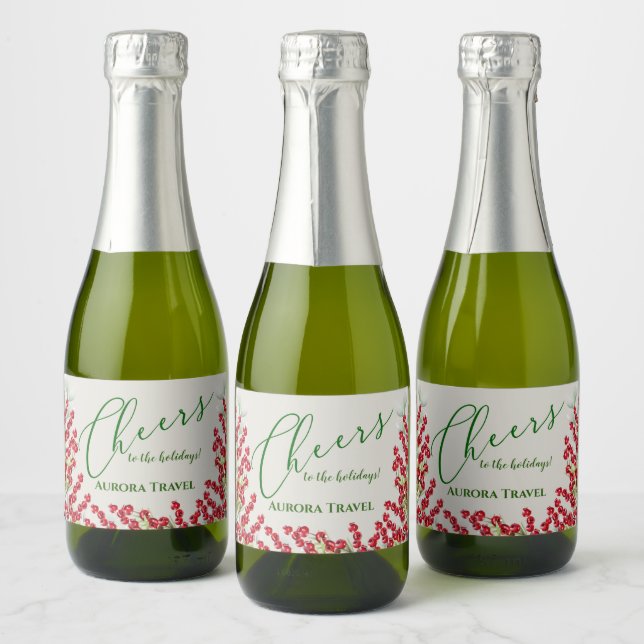 Winter Berries and Greens Christmas Cheers Mini Sparkling Wine Label (Bottles)
