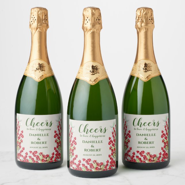 Winter Berries and Greens Merry Christmas Sparkling Wine Label (Bottles)