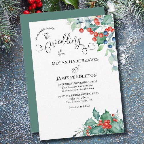 Winter Berries and Holly Watercolor Wedding Invitation