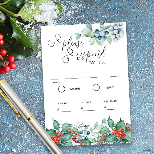 Winter Berries and Holly Wedding Entree Options RSVP Card