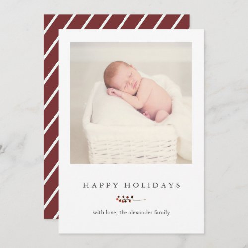 Winter Berries and Stripes Happy Holidays Photo Holiday Card