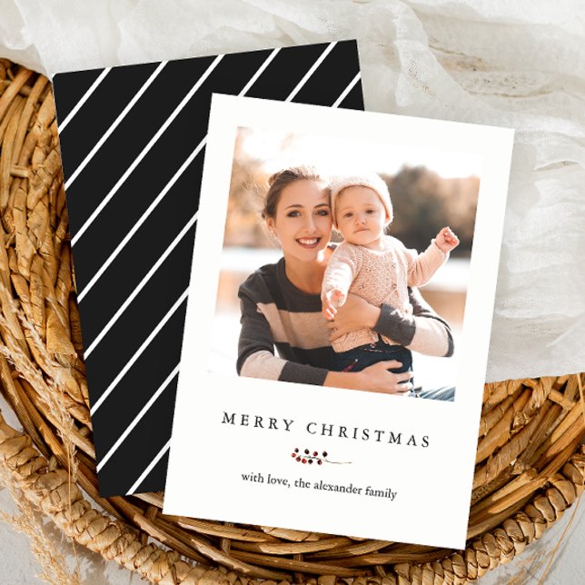 Winter Berries and Stripes Merry Christmas Photo Holiday Card (Creator Uploaded)
