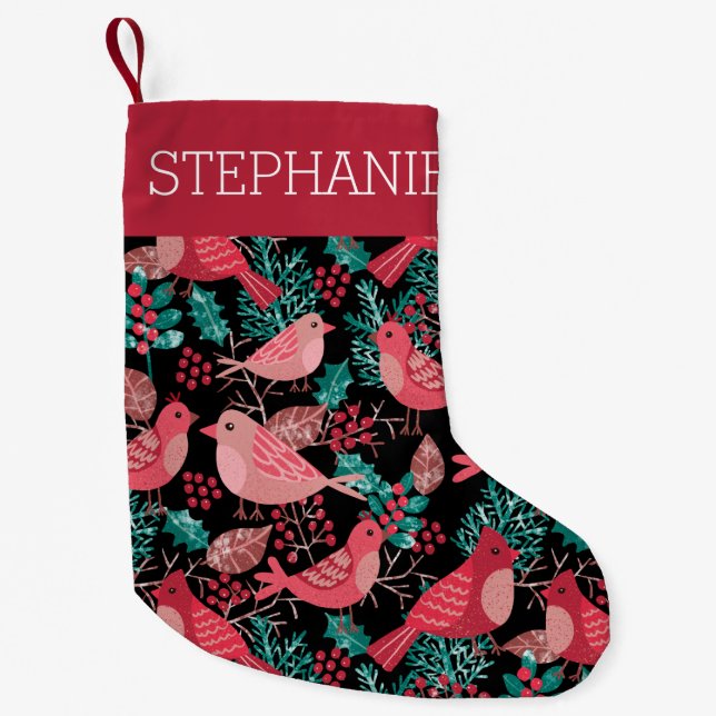 Winter Berries Birds Christmas Personalized Name Small Christmas Stocking (Front)