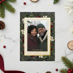 Winter Berries Black Love Peace Joy Photo Foil Holiday Card