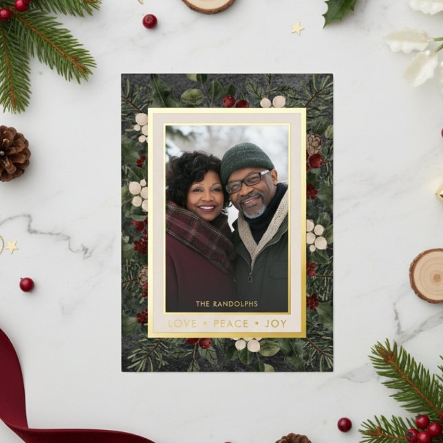 Winter Berries Black Love Peace Joy Photo Foil Holiday Card (Creator Uploaded)