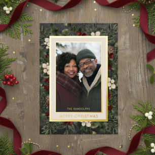 Winter Berries Black Merry Christmas Photo Foil Holiday Card