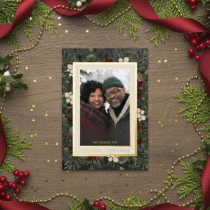 Winter Berries Black Seasons Greetings Photo Foil Holiday Card