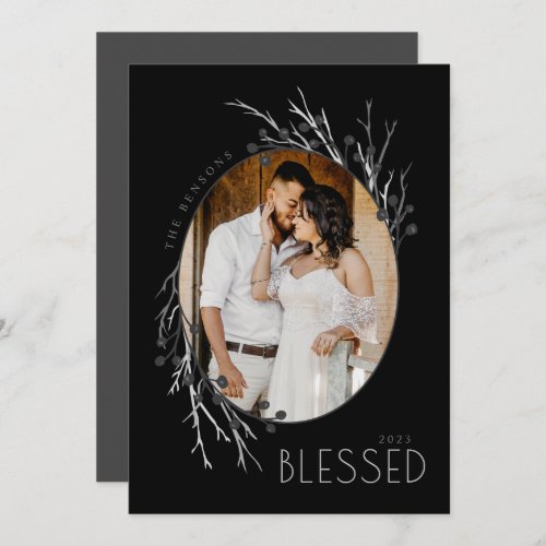 Winter Berries Blessed Branches Black Holiday Card