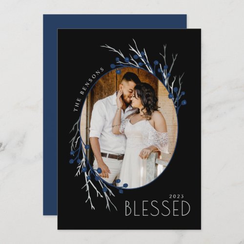 Winter Berries Blessed Branches Blue Black Holiday Card