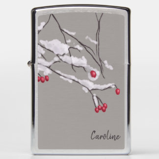 Winter Berries Branches In Snow Custom Name Zippo Lighter